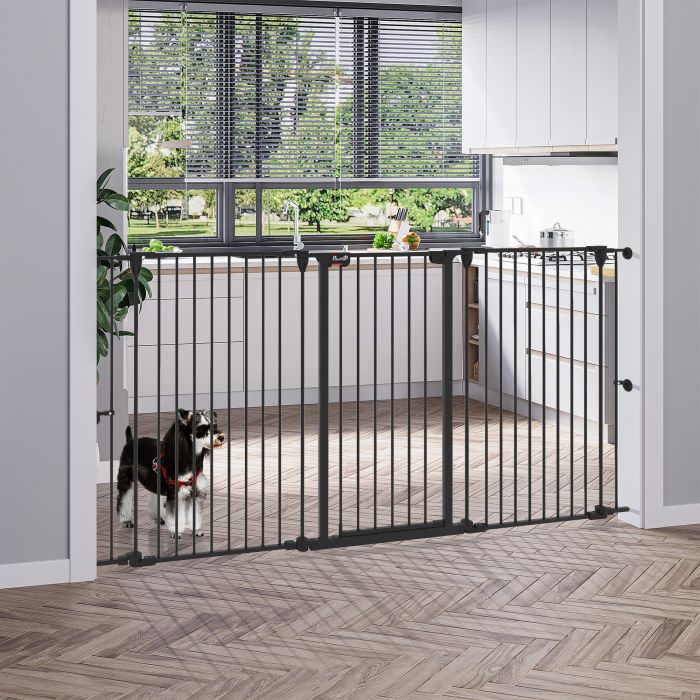  PawHut 3-Panel Medium Dog Gate με διπλό σύστημα κλειδώματος, 206x90cm, Μαύρο 