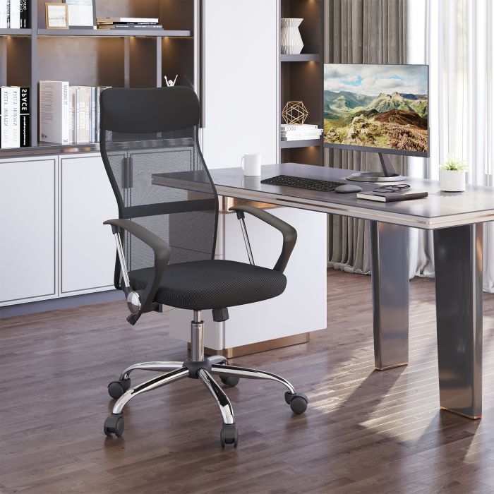  HOMCOM Εργονομική περιστρεφόμενη και κουνιστή καρέκλα γραφείου με ρόδες, ρυθμιζόμενο ύψος και διχτυωτή πλάτη μαύρη 