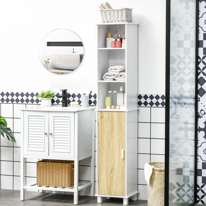  Στήλη μπάνιου εξοικονόμησης χώρου Kleankin με 3 ανοιχτά διαμερίσματα και ξύλινο ντουλάπι, 33,5x29x169 cm, λευκό και ανοιχτό καφέ 