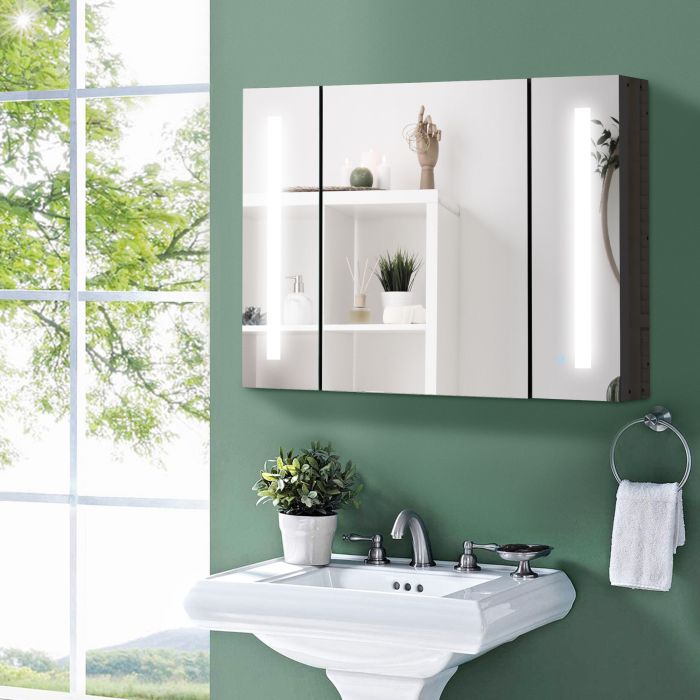  Ντουλάπα καθρέφτη μπάνιου kleankin τοίχου MDF με 3 ντουλάπια, 3 ράφια και φως LED, 90x15x65cm, Μαύρο 