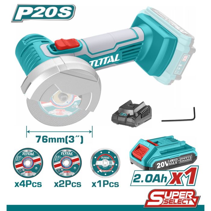  TOTAL ΕΠΑΓΓΕΛΜΑΤΙΚΟΣ MINI ΓΩΝΙΑΚΟΣ ΤΡΟΧΟΣ ΜΠΑΤ. Li-ion 20V / 2Ah / 1 ΜΠΑΤΑΡΙΑ (TAGLI76017) 