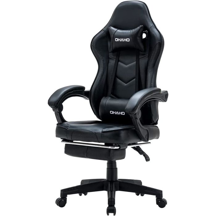 Καρέκλα Gaming Δερματίνης με Ρυθμιζόμενο Μαξιλάρι Μασάζ και Υποπόδιο OHAHO Χρώματος Μαύρο