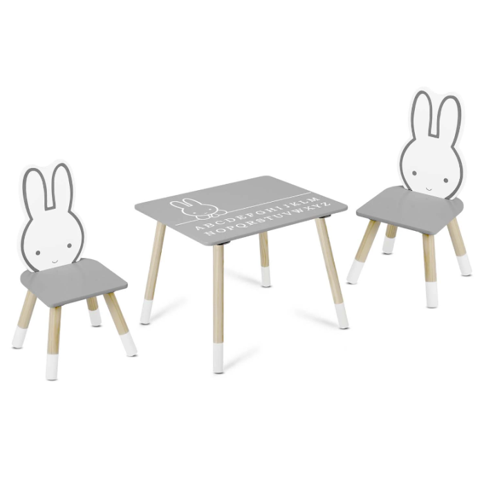 Ricokids Παιδικό ξύλινο σετ RC-847 τραπεζάκι με καρέκλες Λαγουδάκι σε ανοιχτό γκρι χρώμα