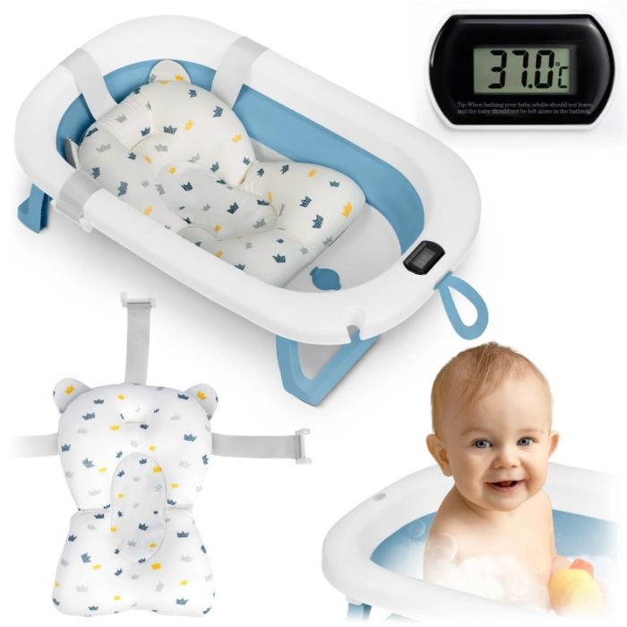Ricokids Πτυσσόμενη-Αντιολισθητική Μπανιέρα Μωρού με θερμόμετρο και ένθετο, λευκό και μπλε RK-287
