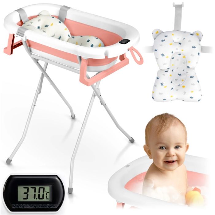 Ricokids Πτυσσόμενη-Αντιολισθητική Μπανιέρα Μωρού με θερμόμετρο και ένθετο,λευκό και ροζ RK-287
