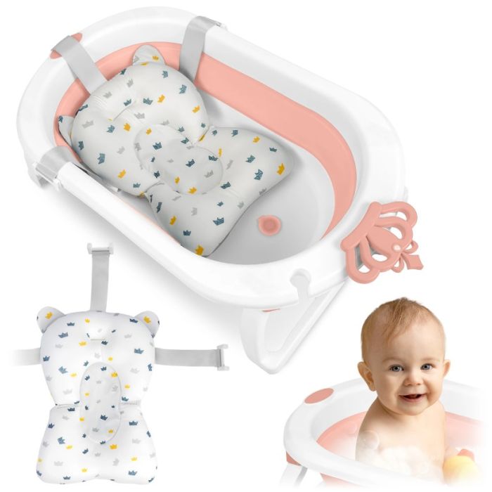 Ricokids-Πτυσσόμενη Αντιολισθητική Μπανιέρα Μωρού με Μαξιλάρι,RK-286 Λευκό και Ροζ
