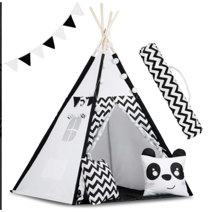 Teepee σκηνή για παιδιά με γιρλάντα και φώτα - ασπρόμαυρο με panda