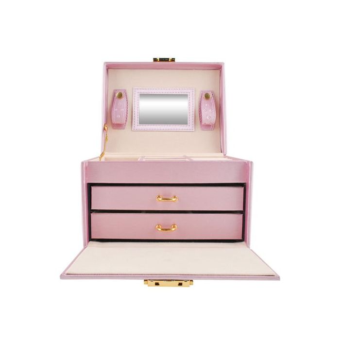 Κοσμηματοθήκη Μπιζουτιέρα σε Ροζ χρώμα με καθρεφτάκι, κλειδί και συρτάρια, 17.5x13.8x13.5cm 