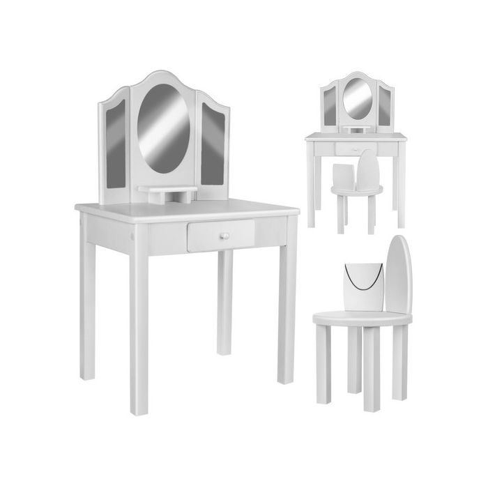Παιδική τουαλέτα ομορφιάς Μπουντουάρ Σετ Ξύλινο Τραπεζάκι Σκαμπό και Καθρέφτης σε λευκό χρώμα, 48x82x34.5 cm,Kruzzel