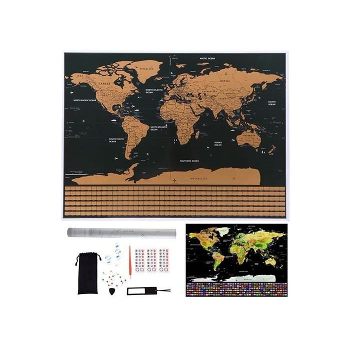 Παγκόσμιος Χάρτης Ξυστό Scratch map world σε μαύρο χρυσό χρώμα με αξεσουάρ, 82x59 cm