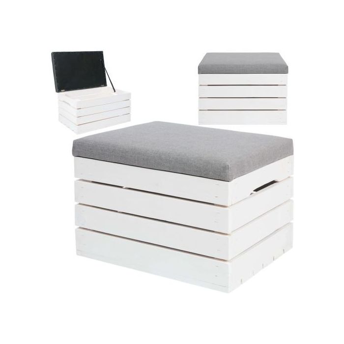 Ξύλινο σκαμπό με αποθηκευτικό χώρο και μαξιλάρι στο πάνω μέρος, σε λευκό χρώμα, 50x40x35 cm,Iso rade
