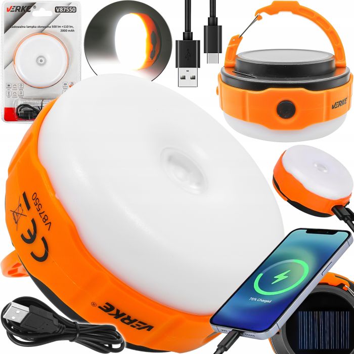 Επαναφορτιζόμενο Ηλιακό Φανάρι Led  500 lm +110 lm, 2000 mAh VERKE-V87550